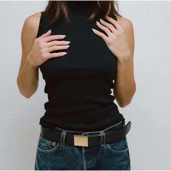 Heaven Mayhem Black Leather Belt Gold Bar Buckle Size Medium - Picture 6 of 8